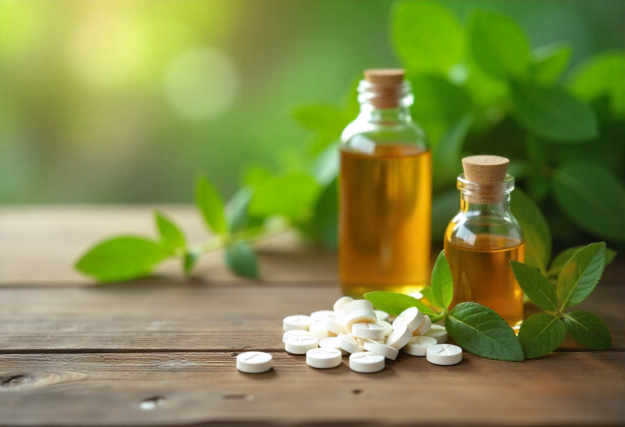 Homeopathic remedies with herbal leaves, natural medicine tablets and essential oils on wooden surface