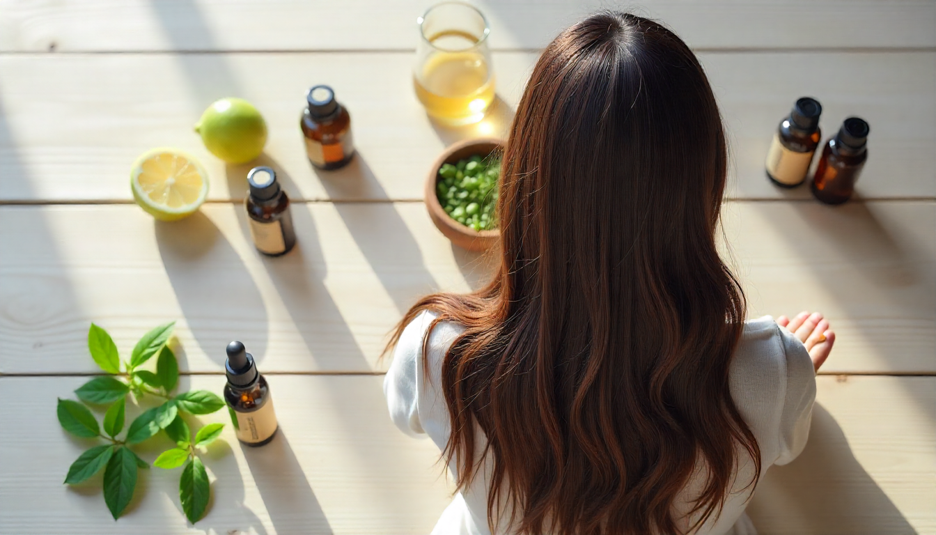 Homeopathic remedies for hair growth with natural oils, herbs, and lemon for healthy hair