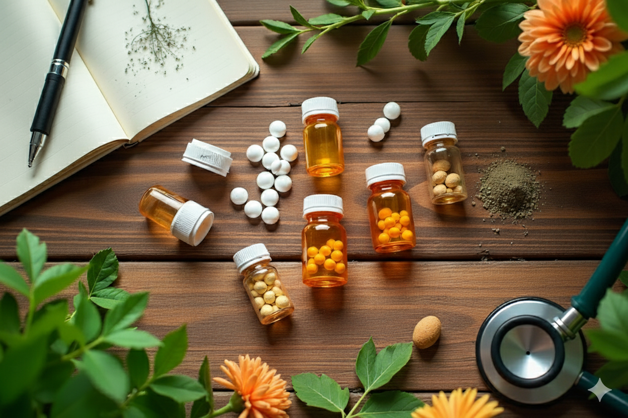 Best Homeopathy Medicines in India including natural remedies, herbal supplements, and homeopathic pills on a wooden table
