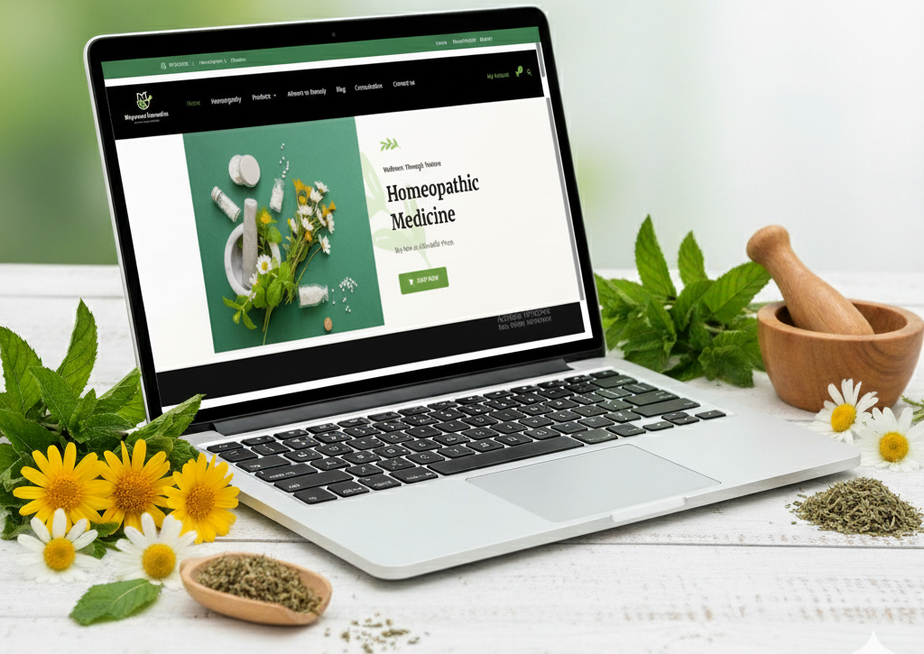 Homeopathic medicine online store displayed on laptop with natural herbs and remedies on white background