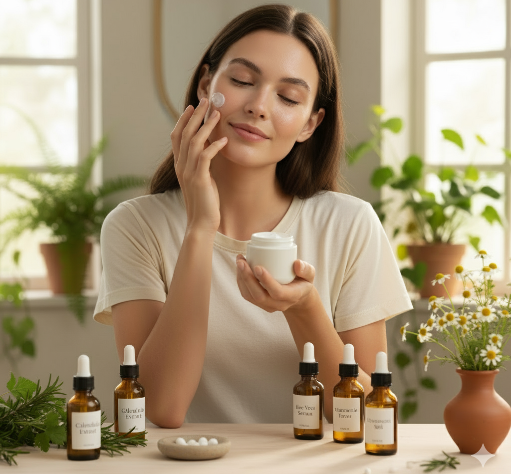 Woman applying cream with homeopathic personal care serums and extracts on a table