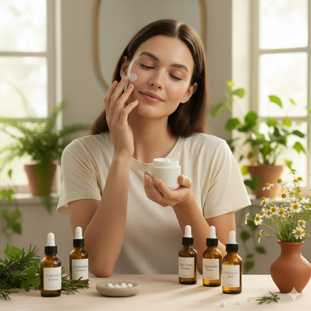 Woman applying cream with homeopathic personal care serums and extracts on a table