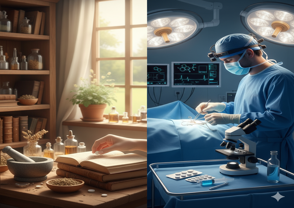 A split image showing homeopathic treatment remedies on the left and modern surgery on the right
