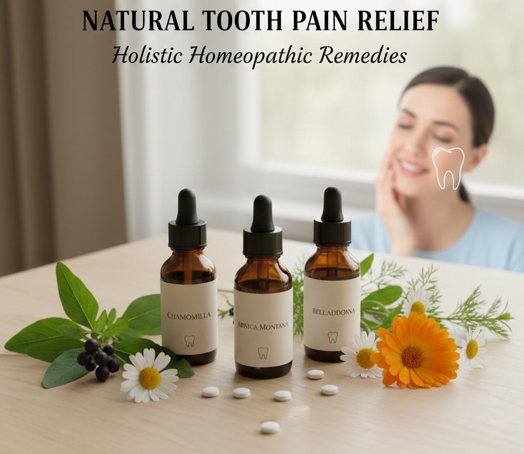 Homeopathy medicine for teeth pain with natural remedies and herbal drops arranged on table