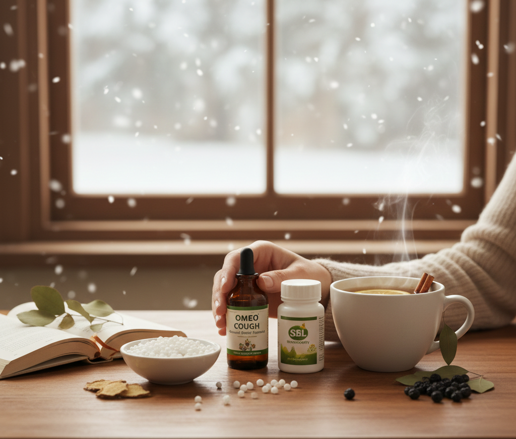 Homeopathic medicine for cough displayed with natural remedies, warm tea, and white pellets.