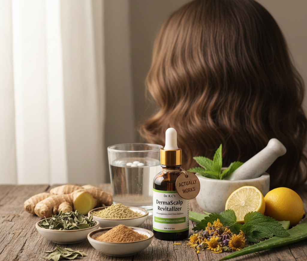 Homeopathic treatment with natural remedies and herbal ingredients for scalp and hair care