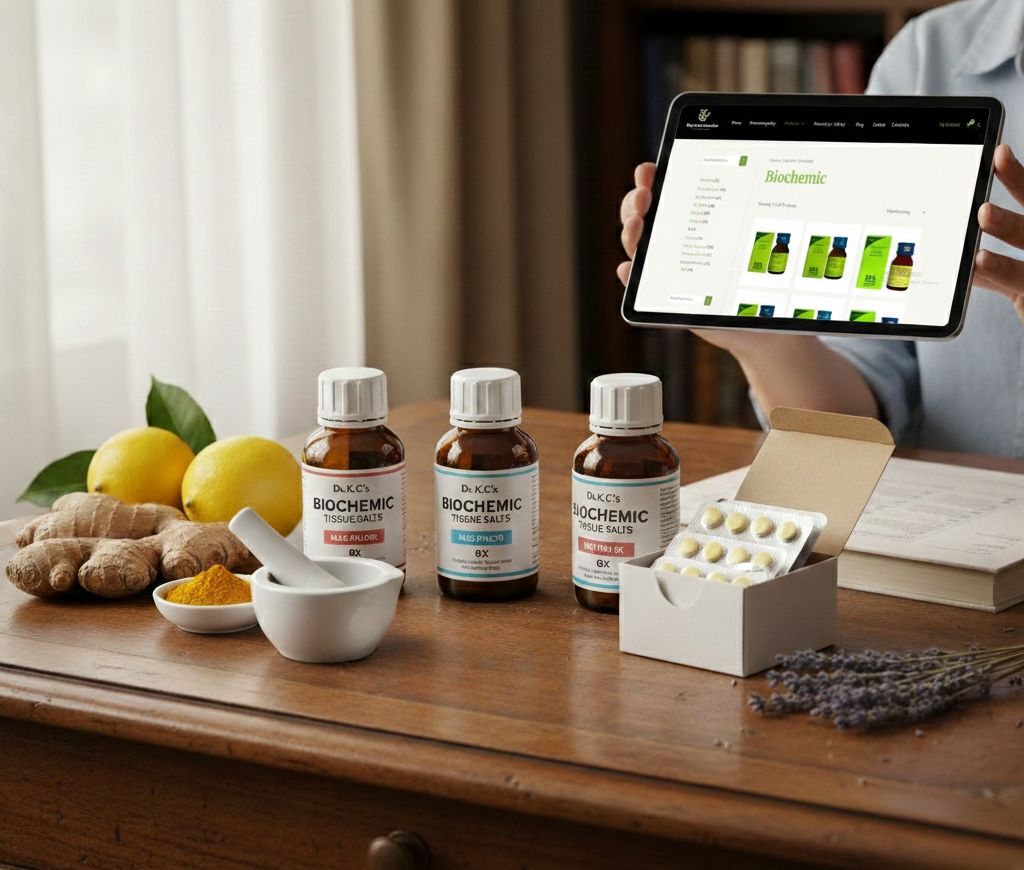 Homeopathy biochemic medicine bottles and tablets displayed with natural ingredients for holistic treatment