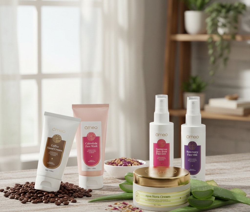 Skin care products with natural ingredients including aloe vera cream, face wash, hand cream, and herbal skincare solutions