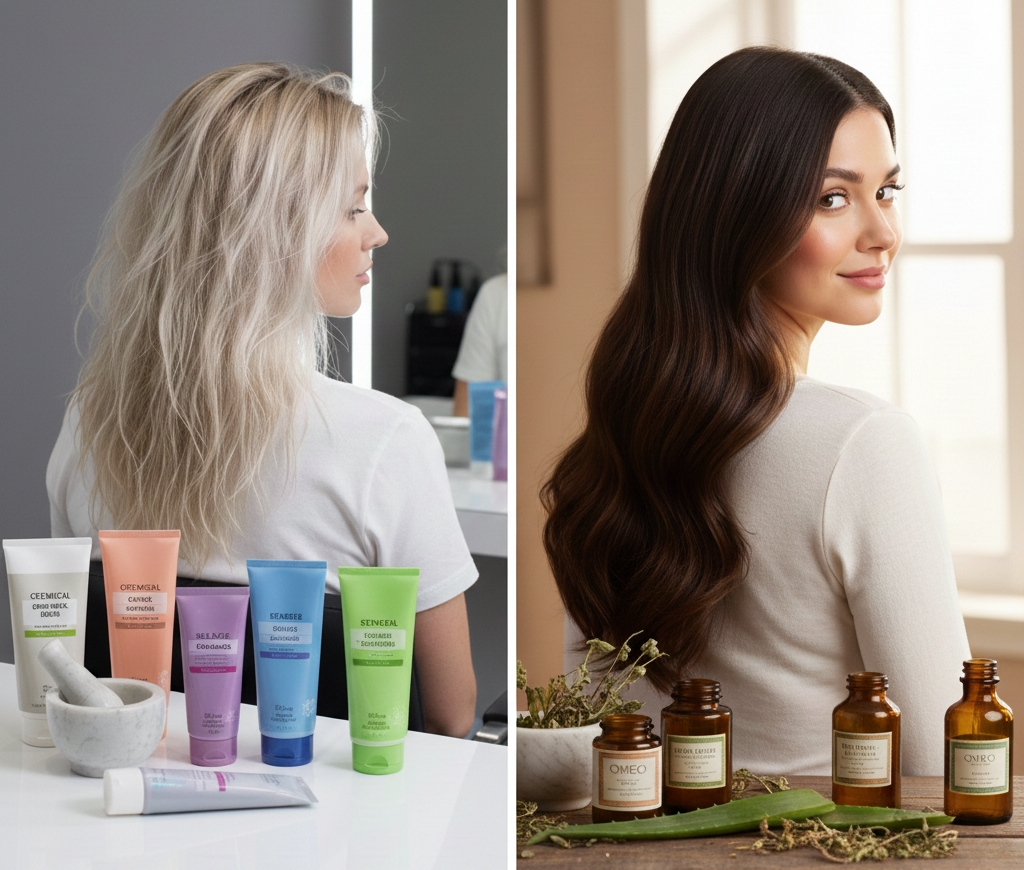Hair Care Products comparison showing damaged blonde hair before treatment and healthy shiny brunette hair