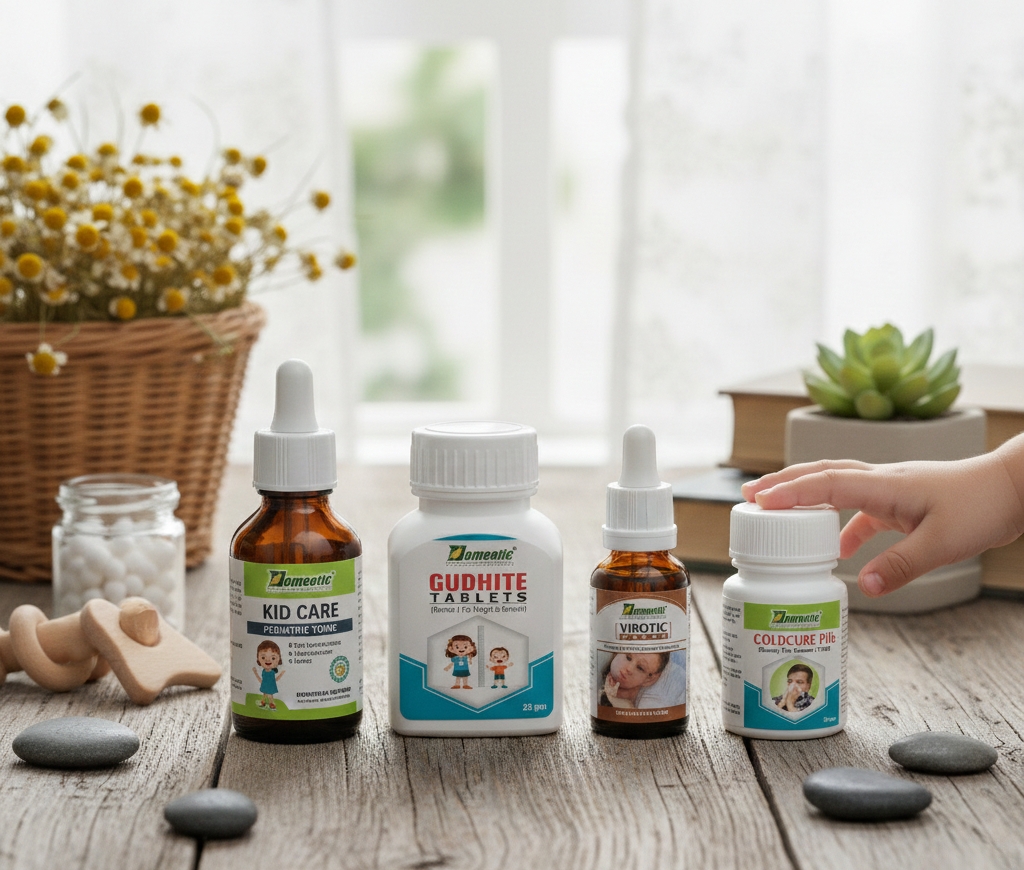 Homeopathic Medicine bottles and tablets for kids cold, immunity, and general wellness on wooden table