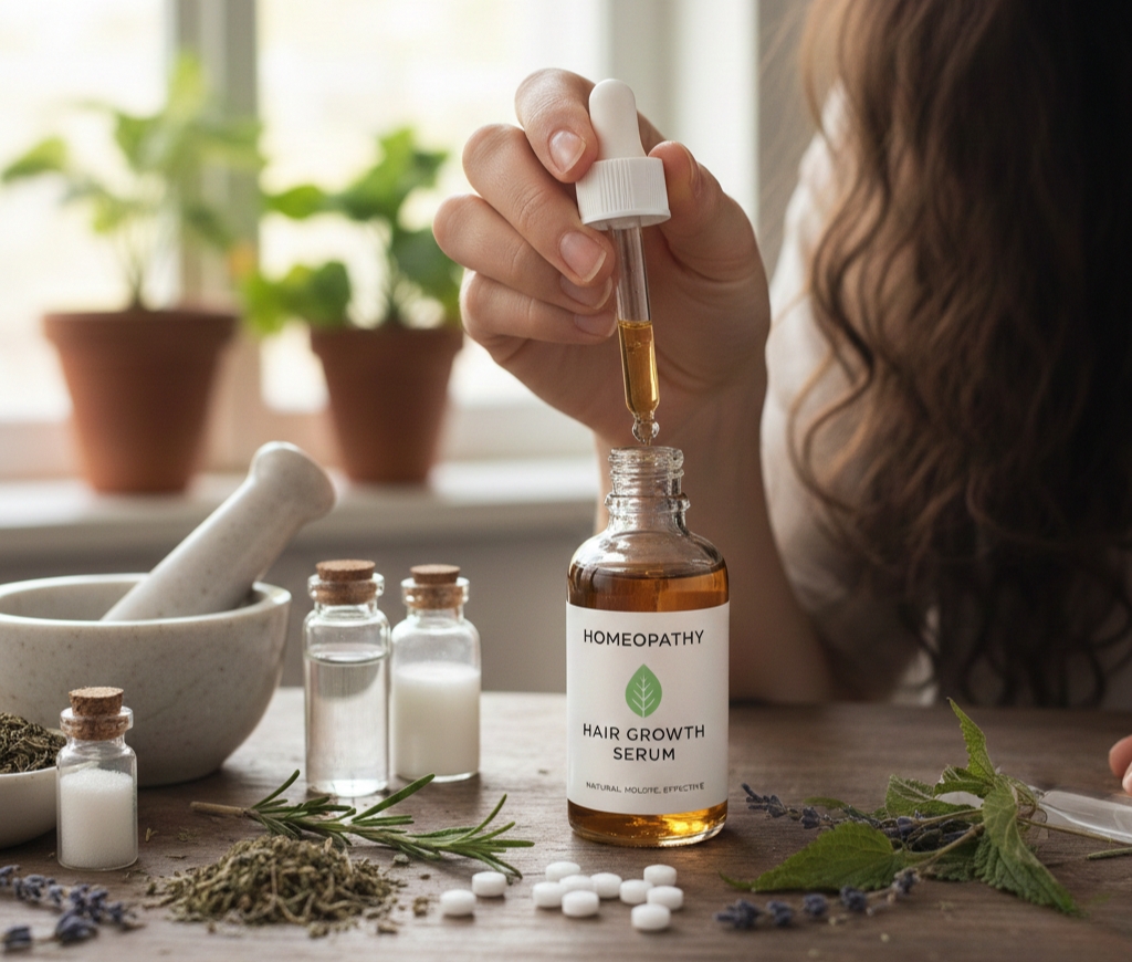 Homeopathy Hair Treatment serum with herbal ingredients and dropper for natural hair growth support