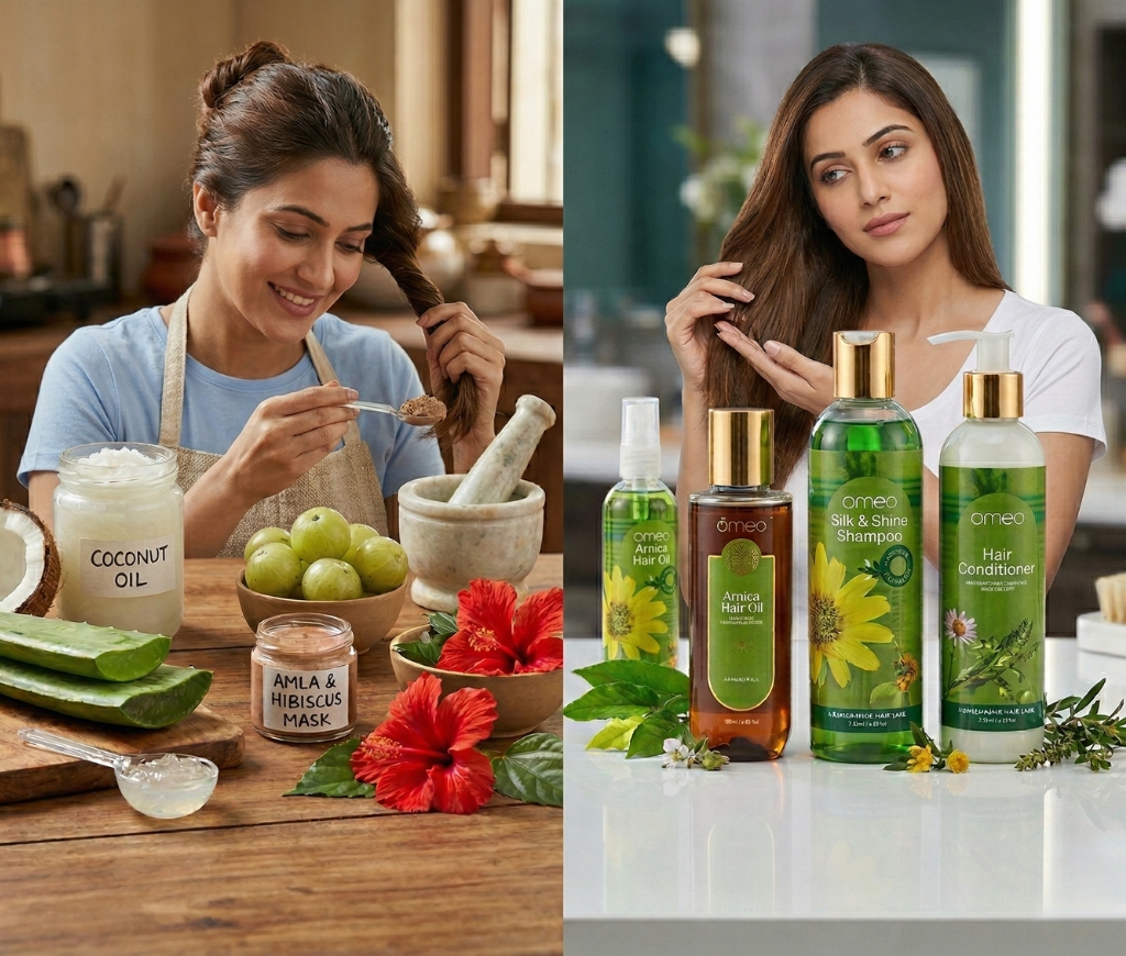 Hair care products including herbal oils, shampoo, conditioner and natural DIY hair mask ingredients for healthy hair