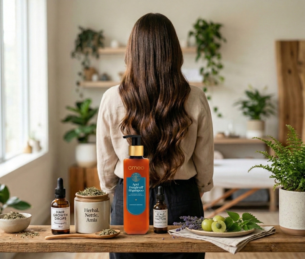 Homeopathic hair treatments with herbal shampoo, hair growth drops and natural scalp care ingredients