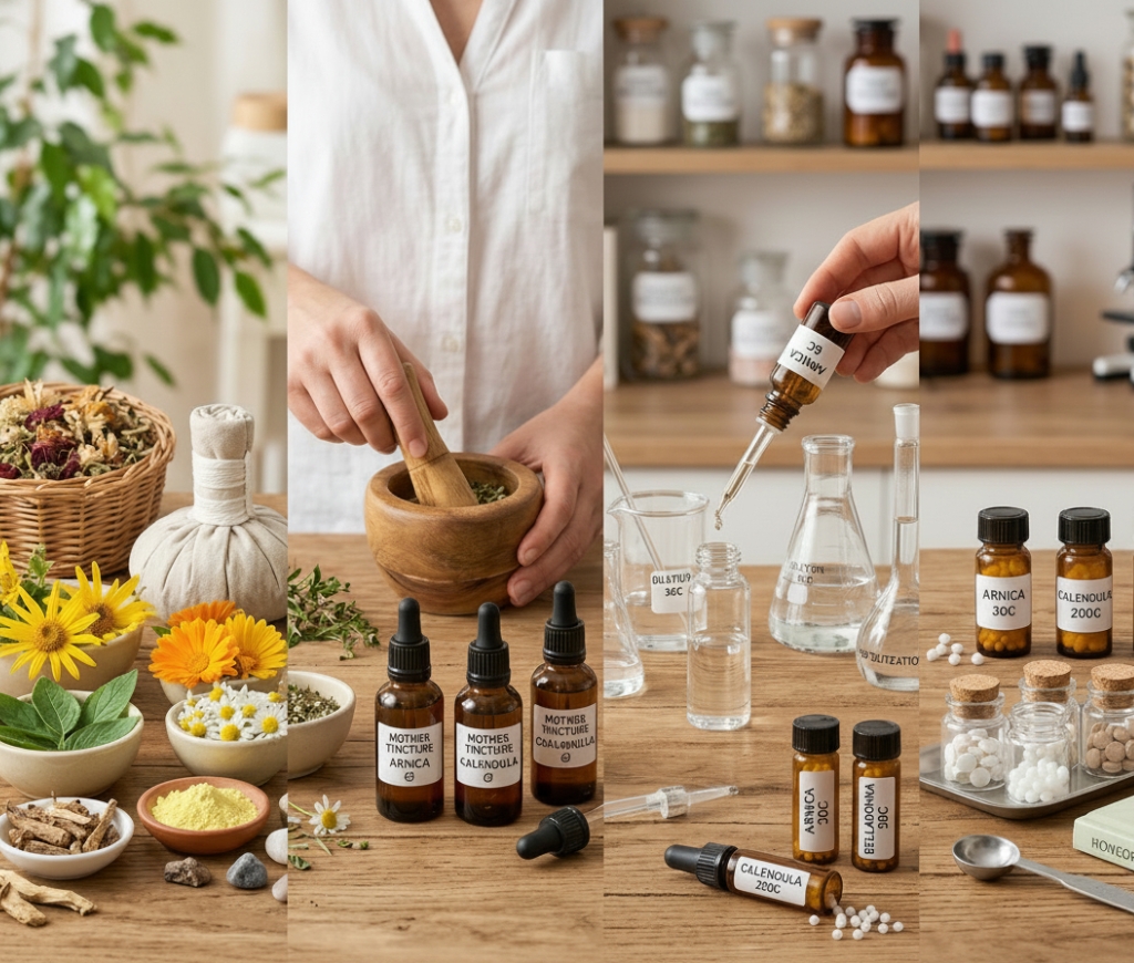 Homeopathic medicines preparation using natural herbs, tinctures and laboratory glass bottles