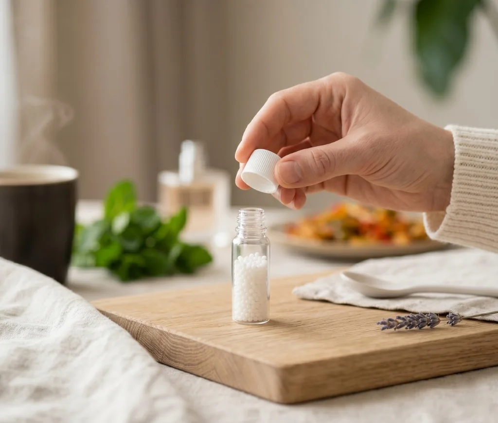 Homeopathic medicines in small pellets bottle with natural healing treatment concept