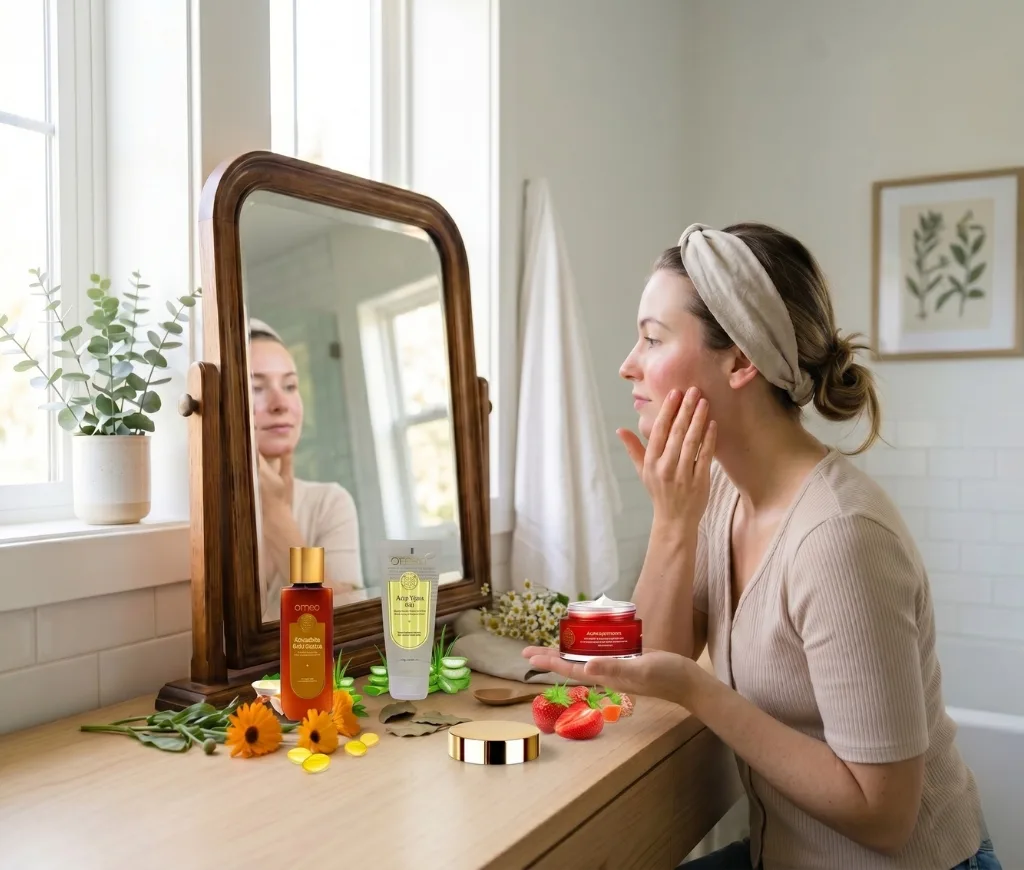 Homeopathic skincare routine using natural herbal products for healthy glowing skin
