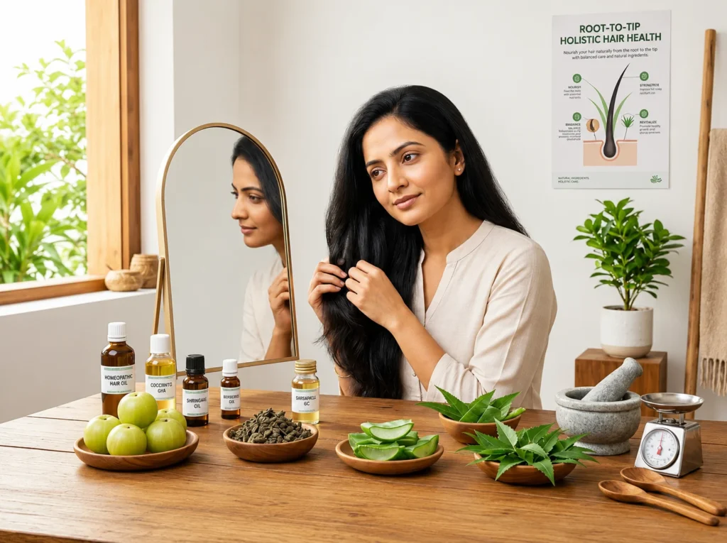 Woman applying natural homeopathic remedies for hair loss at home with herbal oils, amla, and aloe vera beside a mirror.