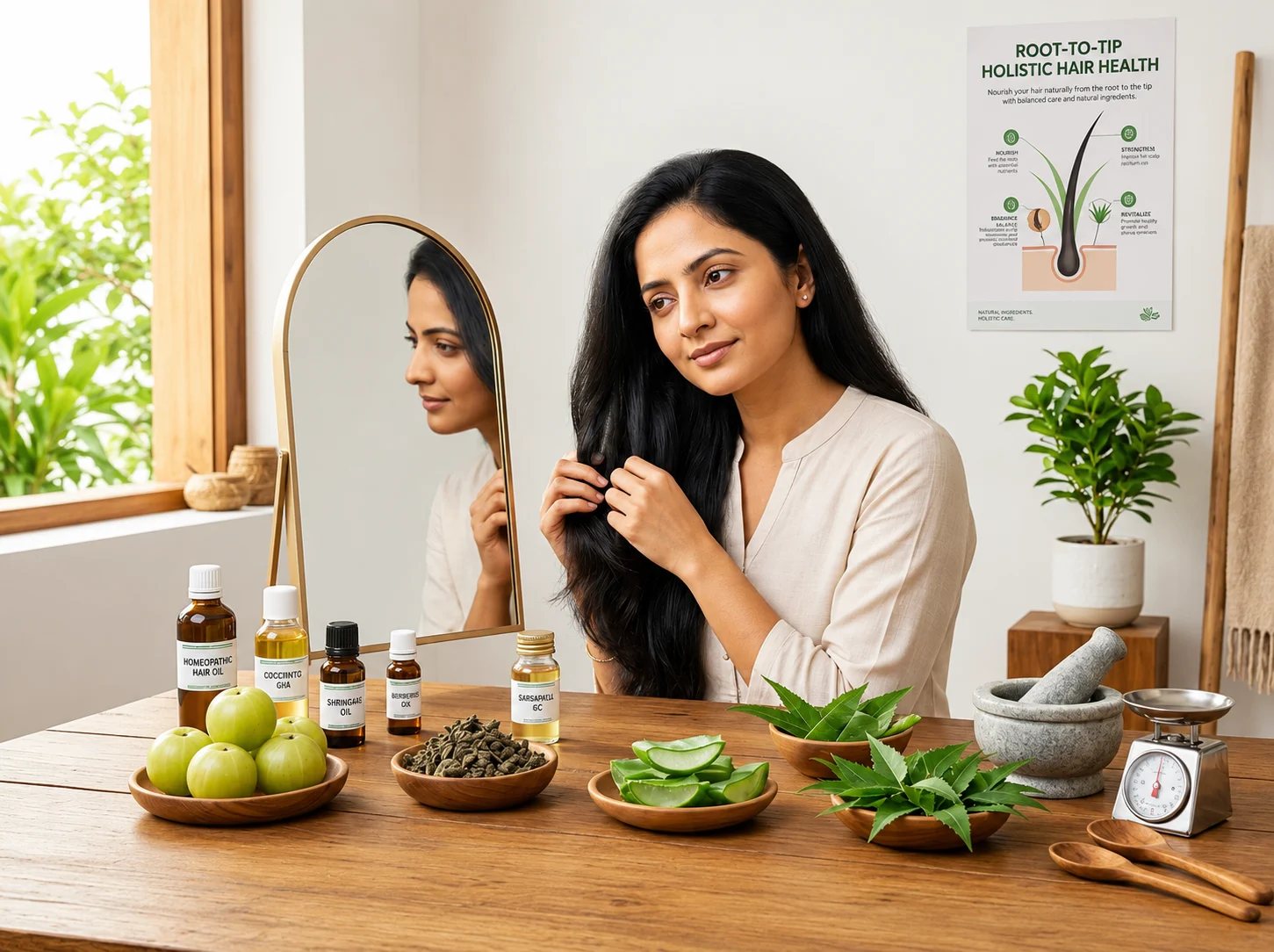 Woman applying natural homeopathic remedies for hair loss at home with herbal oils, amla, and aloe vera beside a mirror.