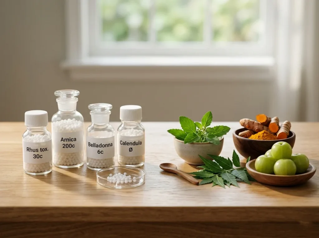 Homeopathic Medicine vs Ayurvedic Medicine comparison image featuring homeopathic remedy bottles and natural Ayurvedic herbs, turmeric, neem leaves, and amla on a wooden table.