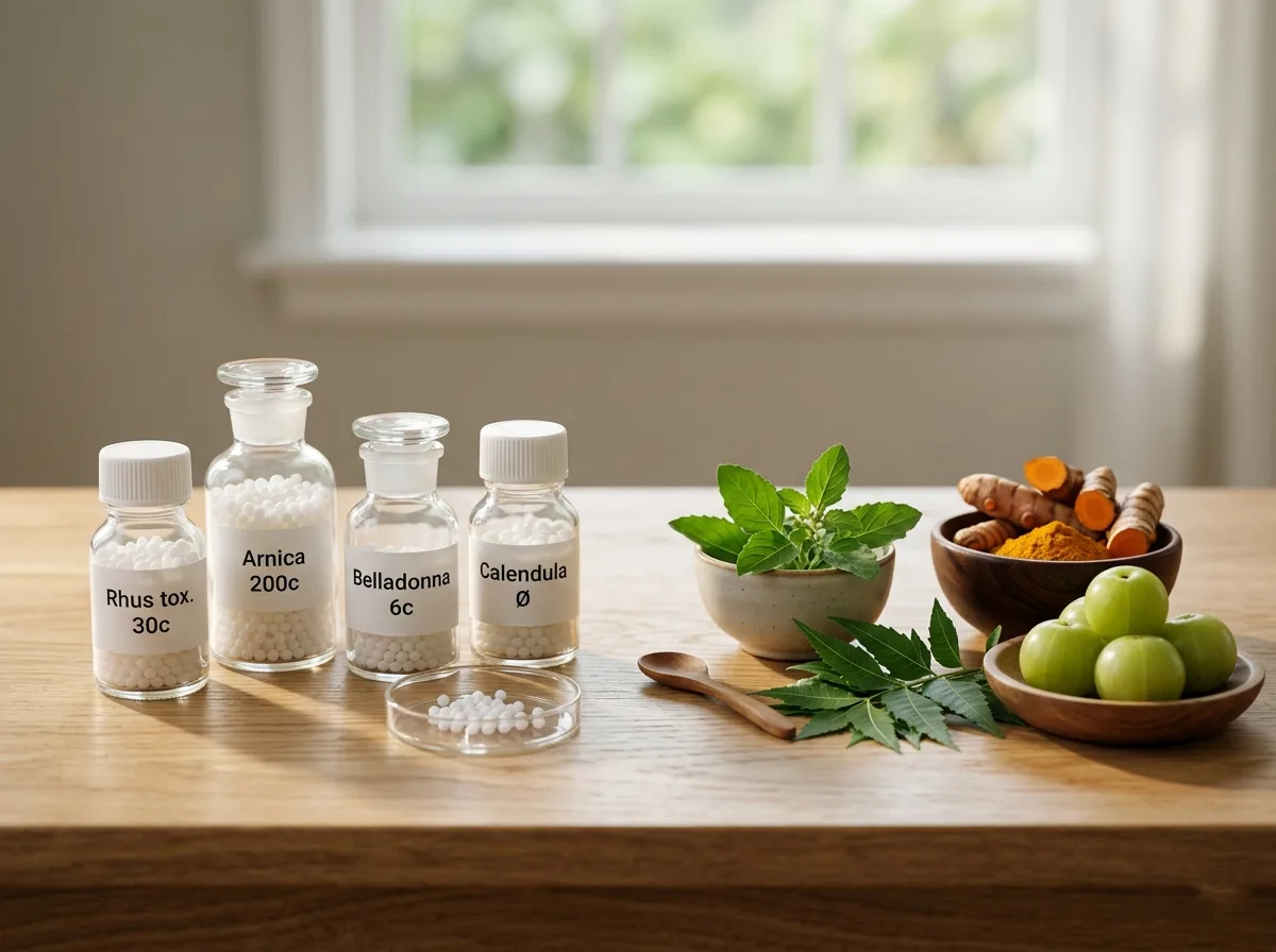 Homeopathic Medicine vs Ayurvedic Medicine comparison image featuring homeopathic remedy bottles and natural Ayurvedic herbs, turmeric, neem leaves, and amla on a wooden table.