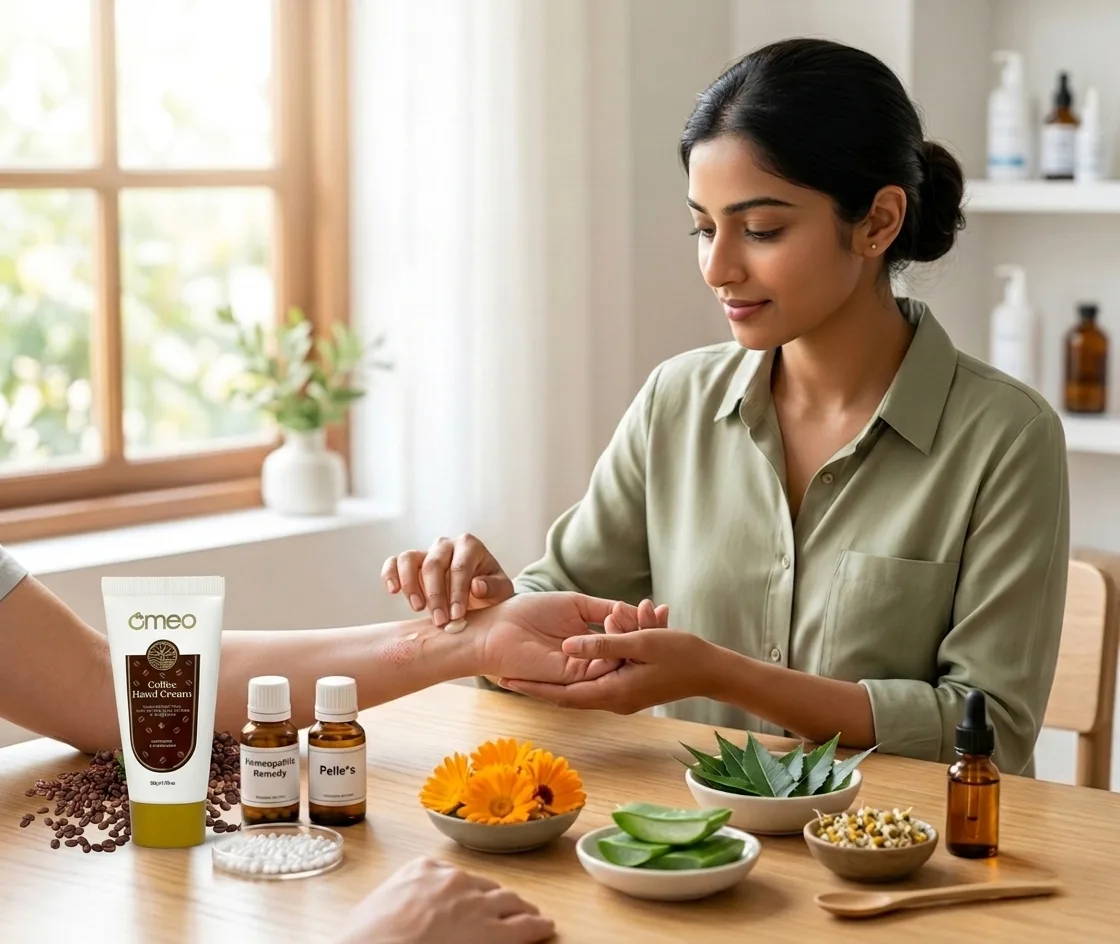 Homeopathic Ointment Cream applied for skin care with natural ingredients including calendula, aloe vera, herbal remedies, and homeopathic bottles in a wellness setting.