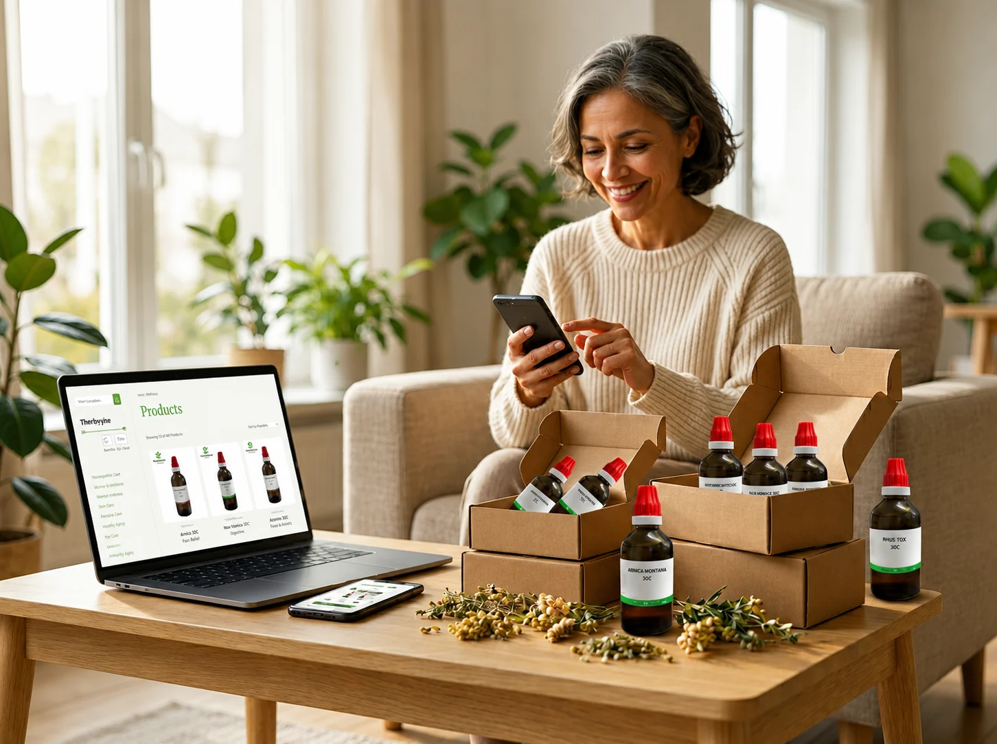 Woman ordering homeopathic medicine online using a smartphone and laptop with natural remedy bottles and homeopathic products displayed on a table.