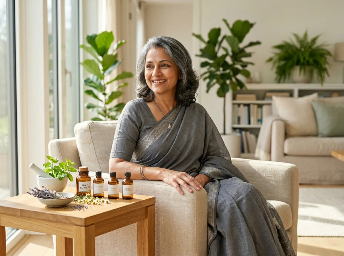 Woman sitting comfortably at home with homeopathic medicine bottles and natural herbs, representing holistic healing and chronic health condition management.