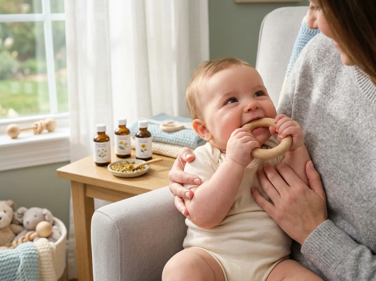 Baby chewing a teething ring while being comforted by mother, showcasing homeopathic remedies for teething pain, gum discomfort, and natural baby care.