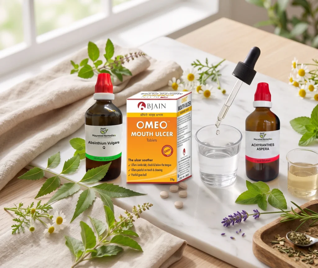 Homeopathic medicine bottles, tablets, and herbal ingredients arranged on a table for natural health and holistic wellness