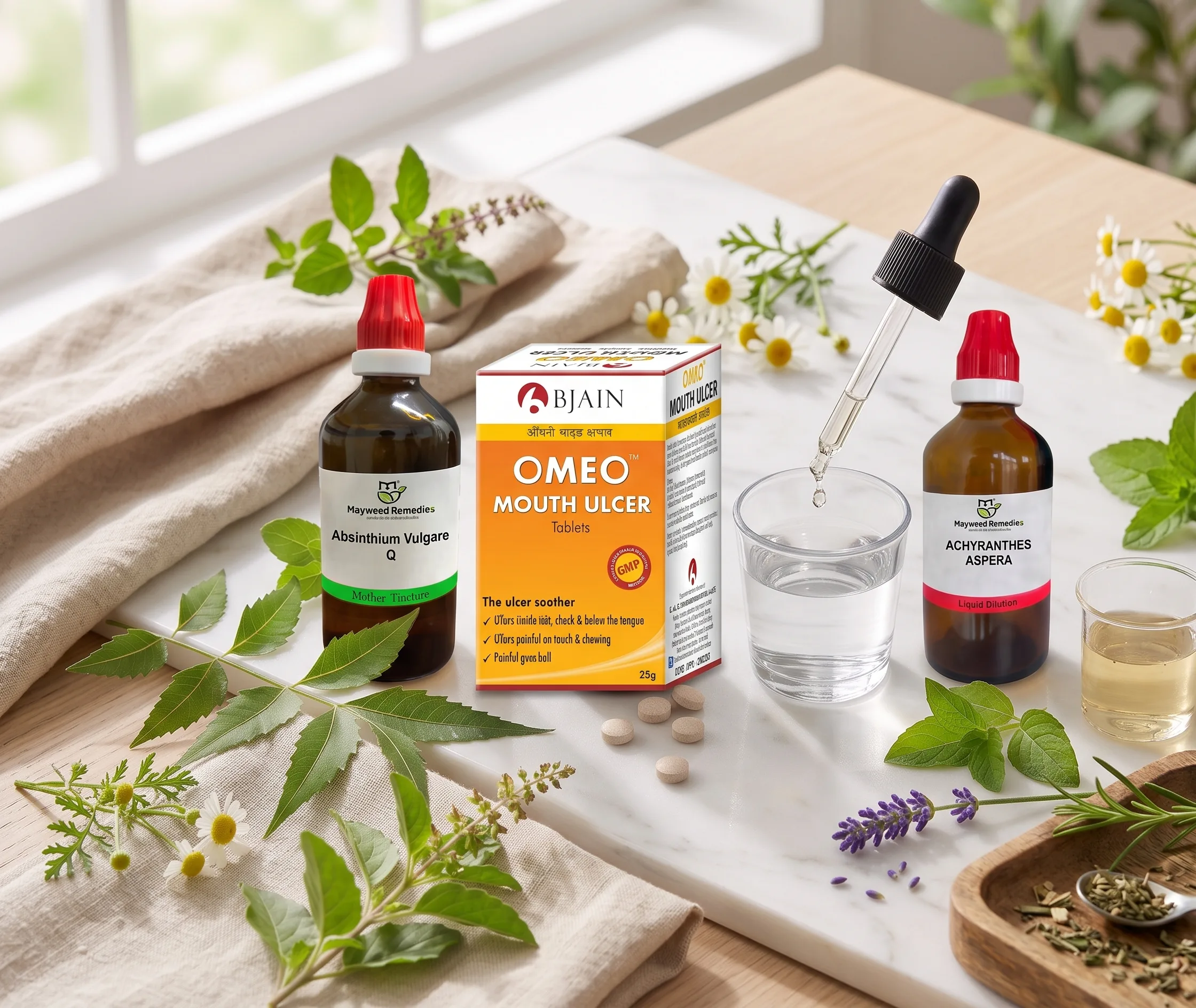 Homeopathic medicine bottles, tablets, and herbal ingredients arranged on a table for natural health and holistic wellness