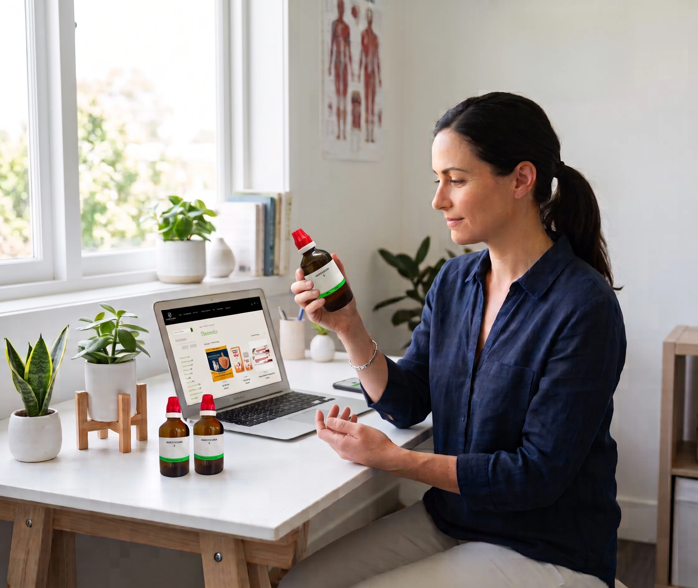 Genuine Homeopathic Medicines being examined by a woman while shopping online for trusted homeopathic healthcare products