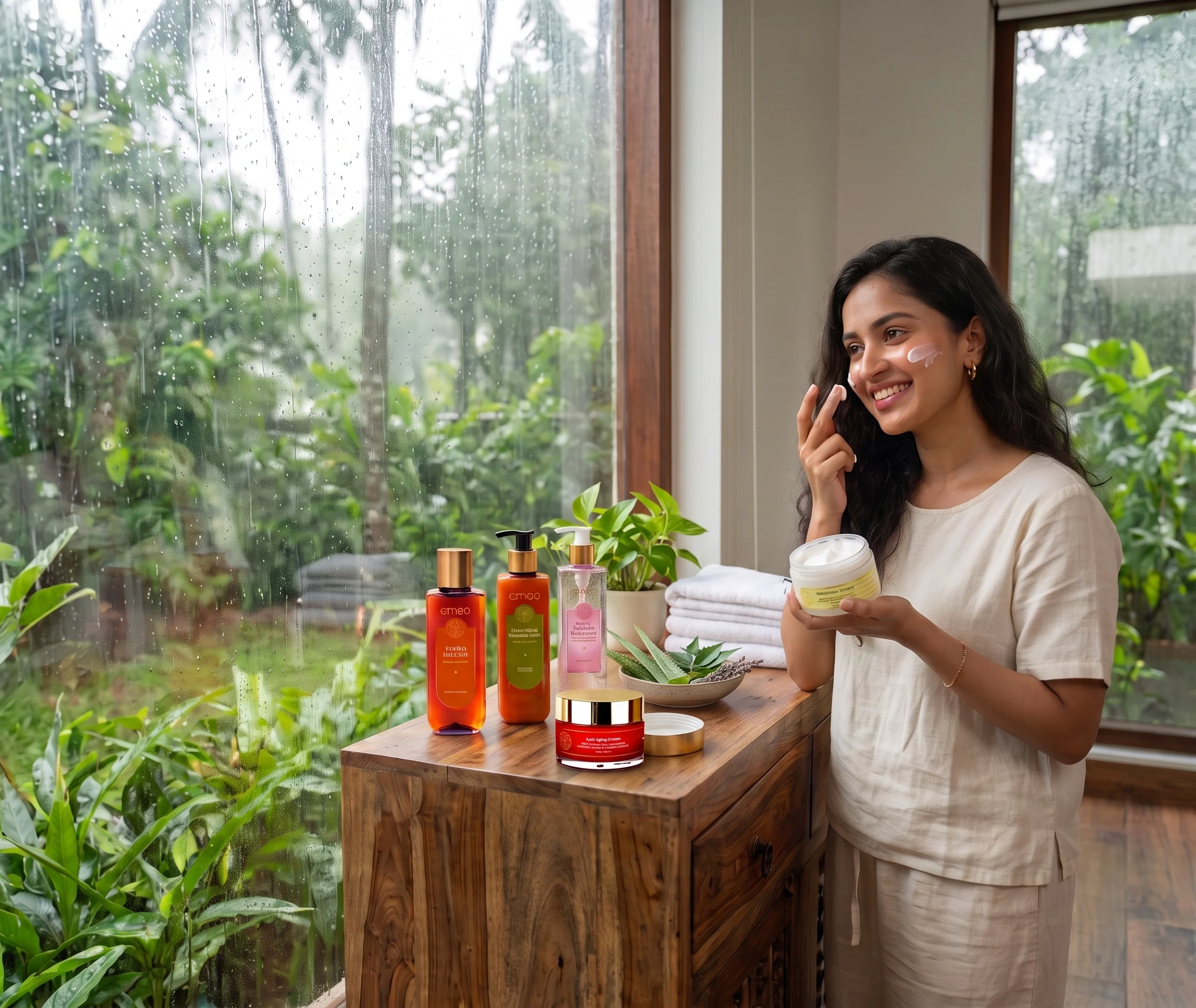 Woman applying skincare cream using premium homeopathic products for natural skin care in a peaceful home environment