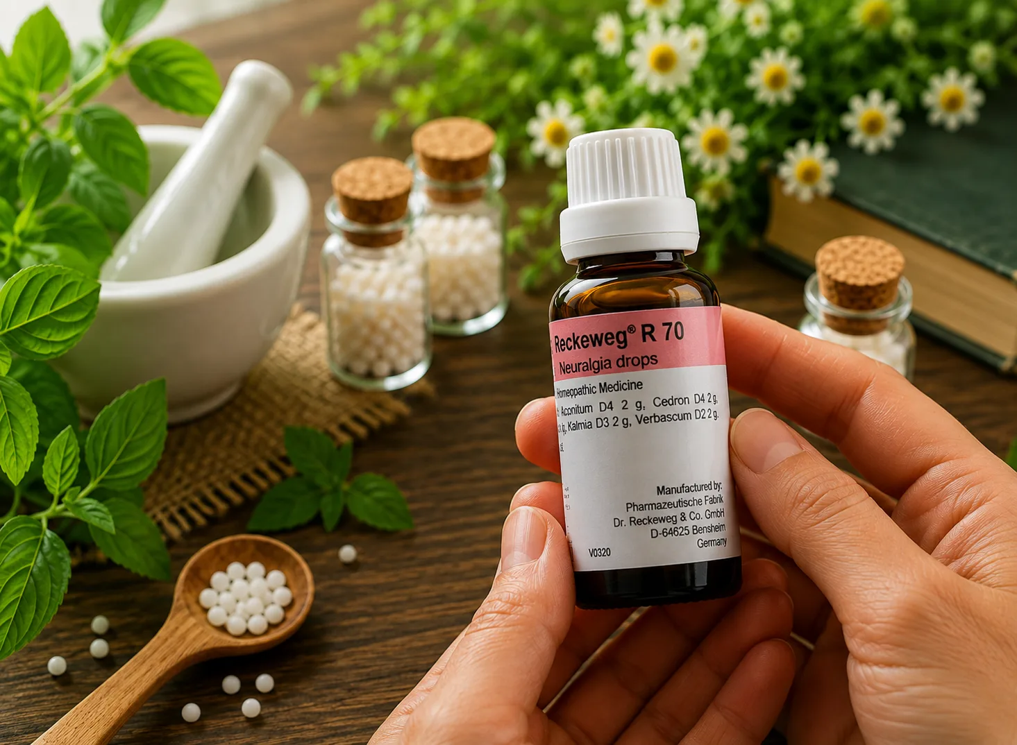 Homeopathic Medicine bottle held in hand with herbal ingredients and homeopathic remedies
