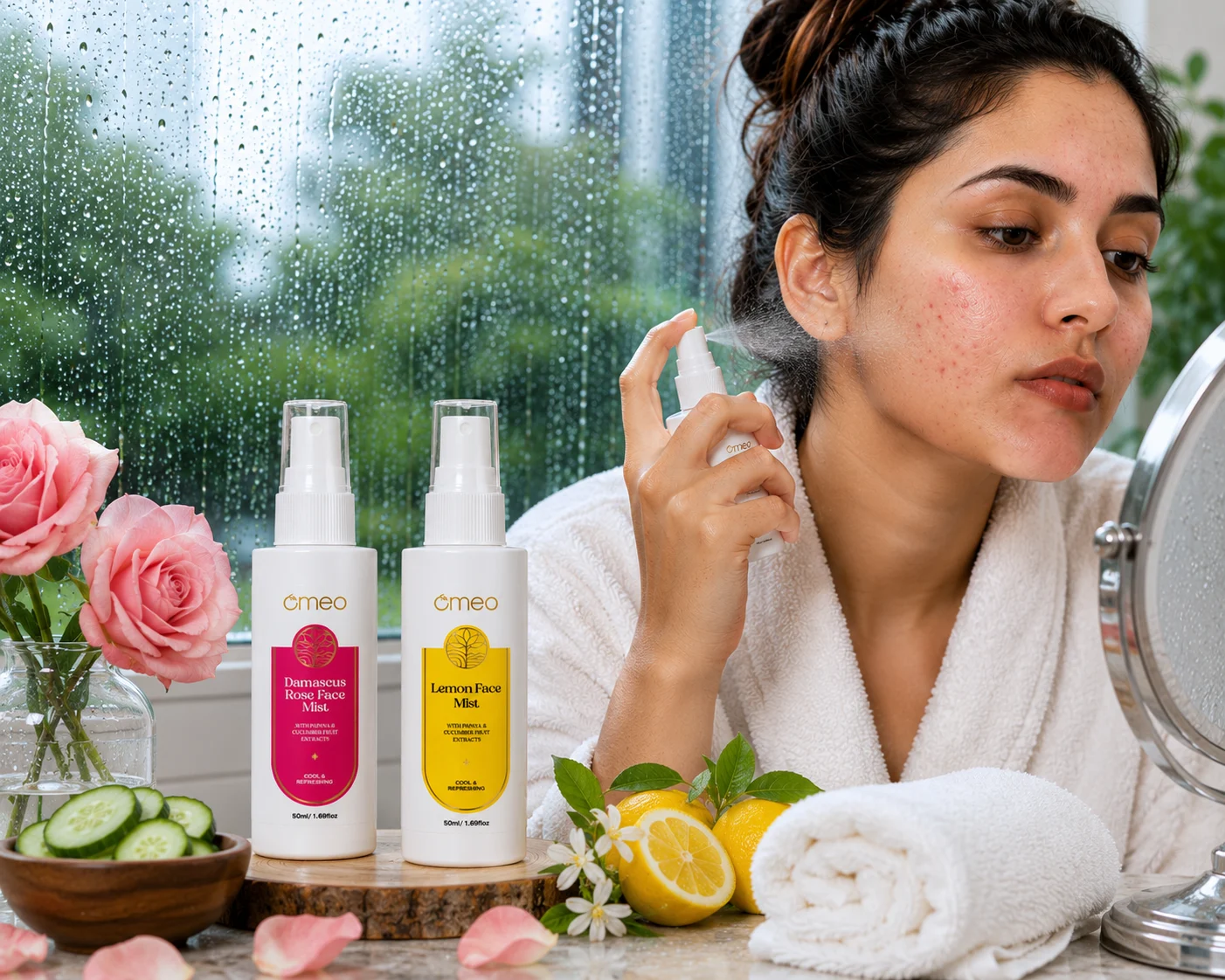 Acne Care routine with Omeo Damascus Rose and Lemon Face Mists