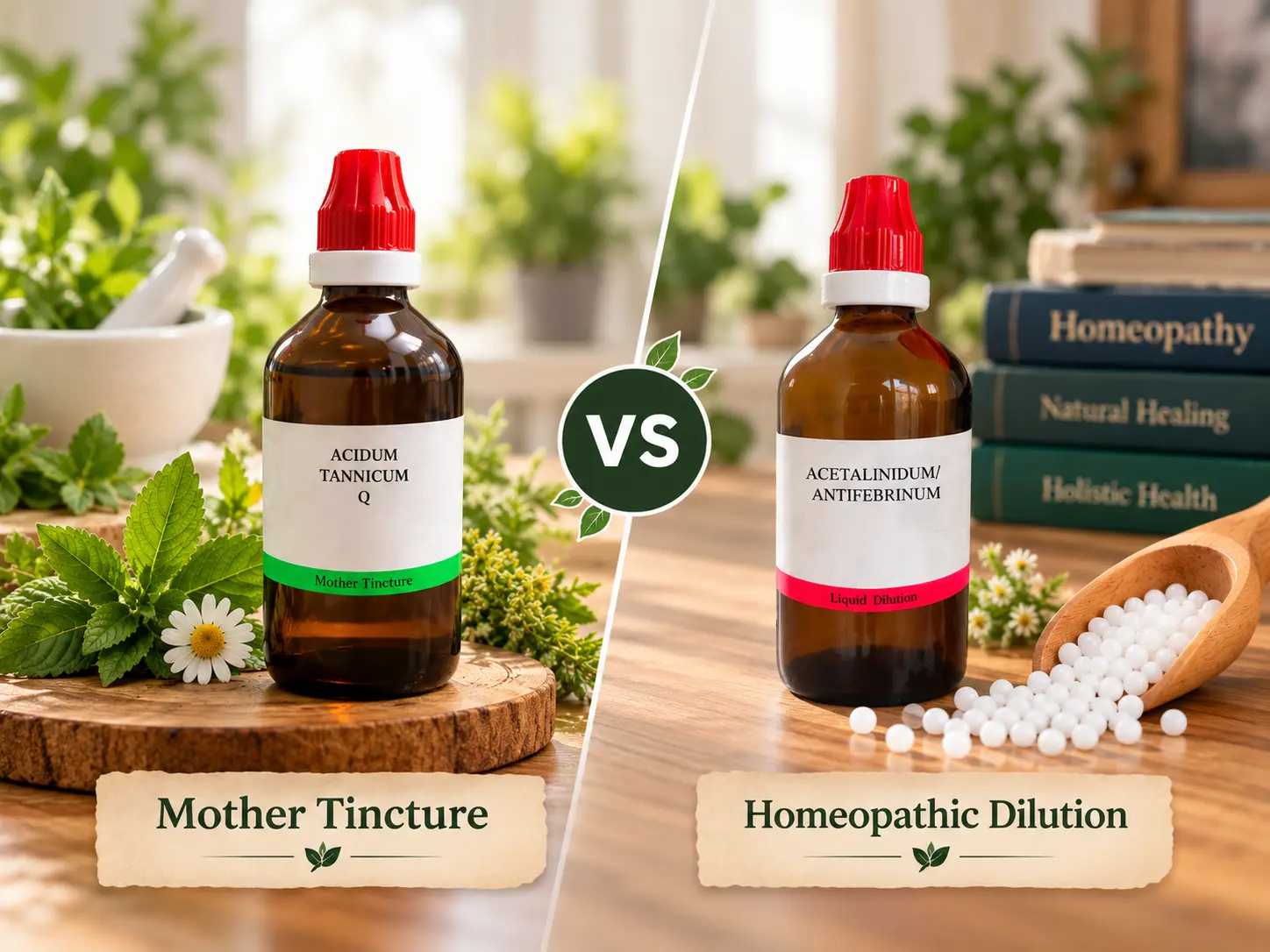 Mother Tincture vs Homeopathic Dilution bottles showing the difference between the two preparations