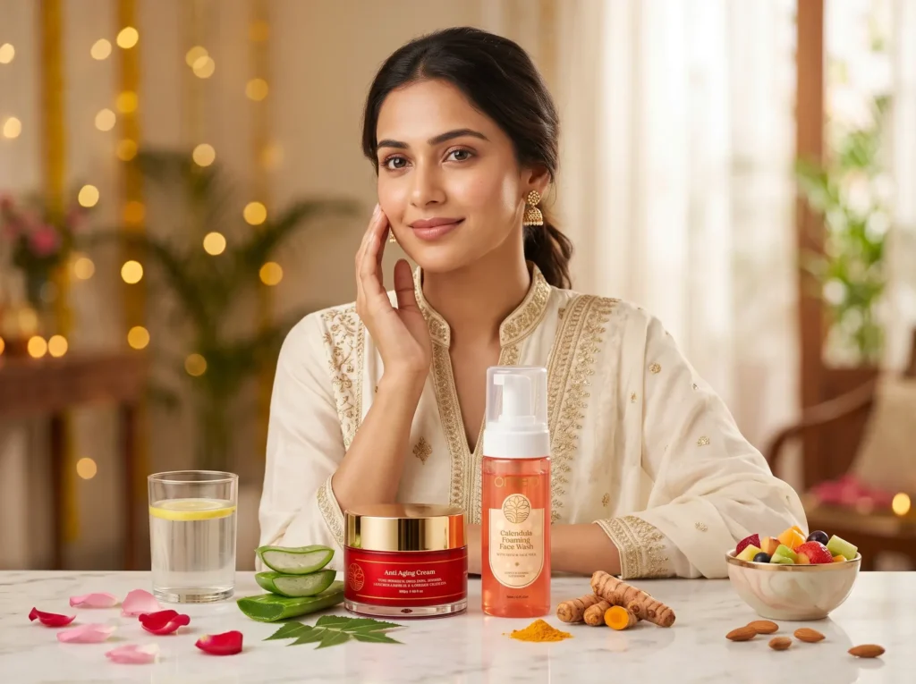 Homeopathic anti-aging skin care with cream, face wash and natural ingredients for festive skincare