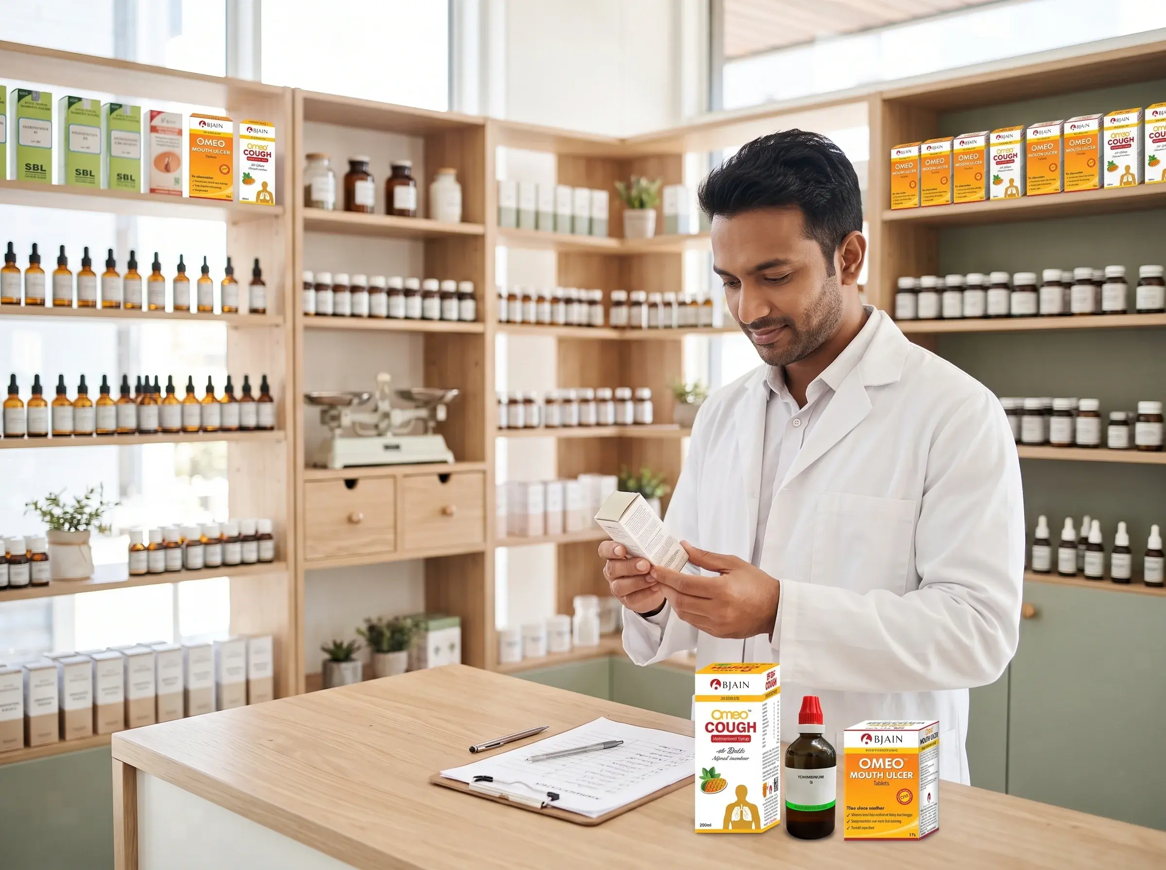 Pharmacist checking medicine packaging in a homeopathic medicine store with shelves of remedies