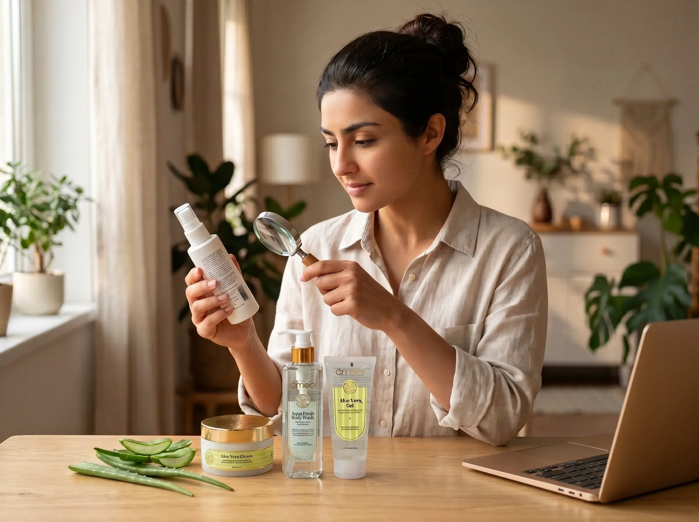 Homeopathic beauty products including aloe vera cream, body wash and gel inspected by a woman